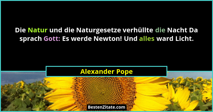 Die Natur und die Naturgesetze verhüllte die Nacht Da sprach Gott: Es werde Newton! Und alles ward Licht.... - Alexander Pope
