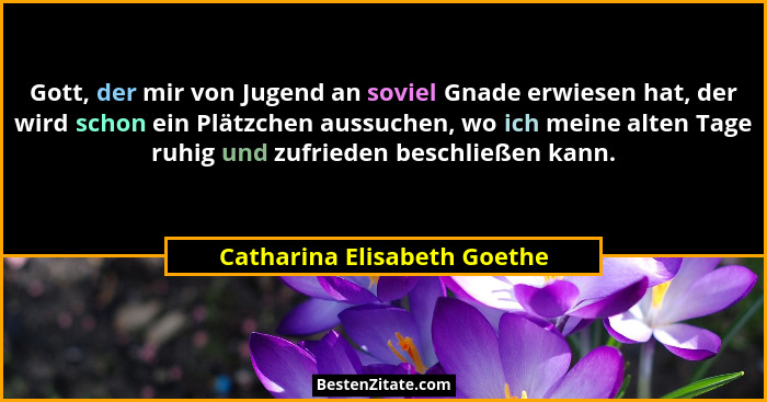 Gott, der mir von Jugend an soviel Gnade erwiesen hat, der wird schon ein Plätzchen aussuchen, wo ich meine alten Tage ru... - Catharina Elisabeth Goethe