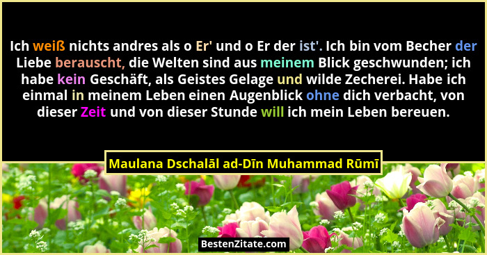 Ich weiß nichts andres als o Er' und o Er der ist'. Ich bin vom Becher der Liebe berauscht, die Welten... - Maulana Dschalāl ad-Dīn Muhammad Rūmī