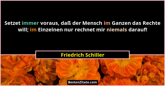 Setzet immer voraus, daß der Mensch im Ganzen das Rechte will; im Einzelnen nur rechnet mir niemals darauf!... - Friedrich Schiller