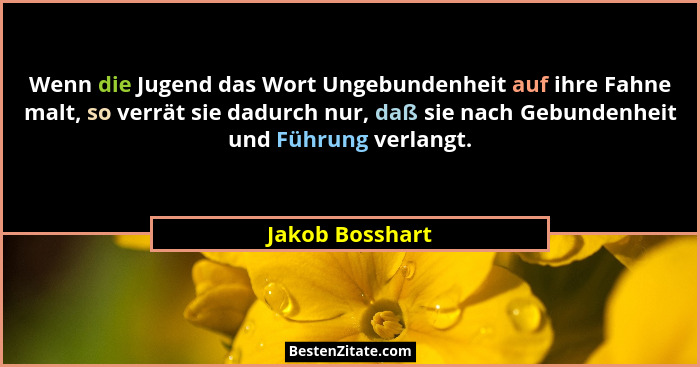 Wenn die Jugend das Wort Ungebundenheit auf ihre Fahne malt, so verrät sie dadurch nur, daß sie nach Gebundenheit und Führung verlang... - Jakob Bosshart