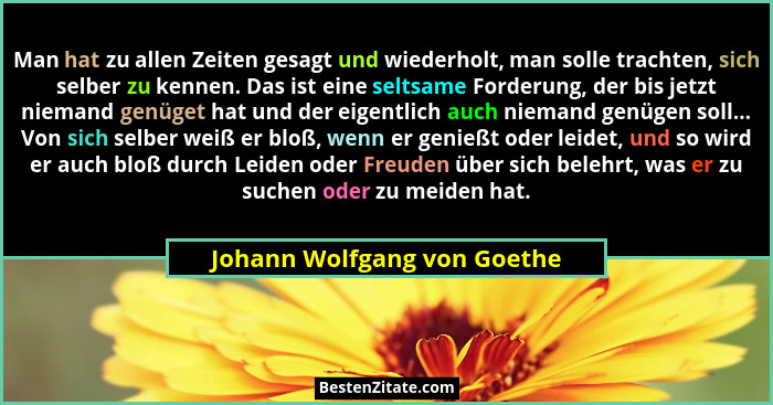 Man hat zu allen Zeiten gesagt und wiederholt, man solle trachten, sich selber zu kennen. Das ist eine seltsame Forderung... - Johann Wolfgang von Goethe