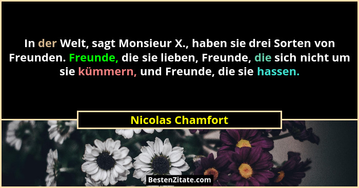 In der Welt, sagt Monsieur X., haben sie drei Sorten von Freunden. Freunde, die sie lieben, Freunde, die sich nicht um sie kümmern,... - Nicolas Chamfort