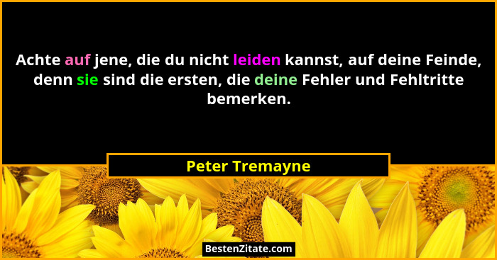 Achte auf jene, die du nicht leiden kannst, auf deine Feinde, denn sie sind die ersten, die deine Fehler und Fehltritte bemerken.... - Peter Tremayne