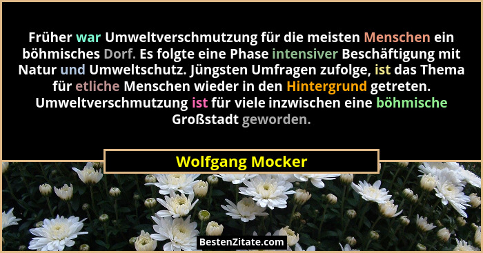Früher war Umweltverschmutzung für die meisten Menschen ein böhmisches Dorf. Es folgte eine Phase intensiver Beschäftigung mit Natur... - Wolfgang Mocker