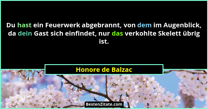 Du hast ein Feuerwerk abgebrannt, von dem im Augenblick, da dein Gast sich einfindet, nur das verkohlte Skelett übrig ist.... - Honore de Balzac