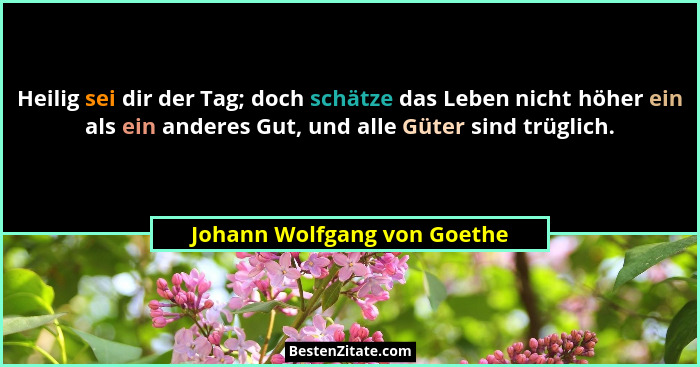 Heilig sei dir der Tag; doch schätze das Leben nicht höher ein als ein anderes Gut, und alle Güter sind trüglich.... - Johann Wolfgang von Goethe