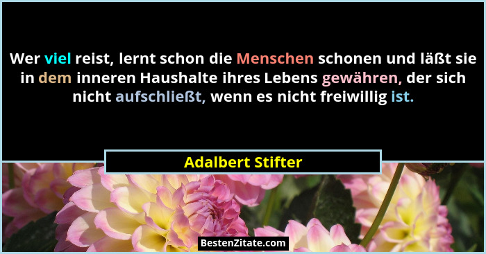 Wer viel reist, lernt schon die Menschen schonen und läßt sie in dem inneren Haushalte ihres Lebens gewähren, der sich nicht aufsch... - Adalbert Stifter