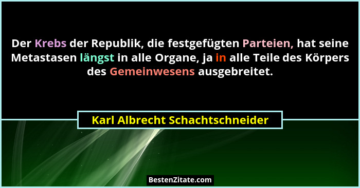 Der Krebs der Republik, die festgefügten Parteien, hat seine Metastasen längst in alle Organe, ja in alle Teile des K... - Karl Albrecht Schachtschneider