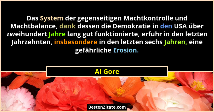 Das System der gegenseitigen Machtkontrolle und Machtbalance, dank dessen die Demokratie in den USA über zweihundert Jahre lang gut funktion... - Al Gore