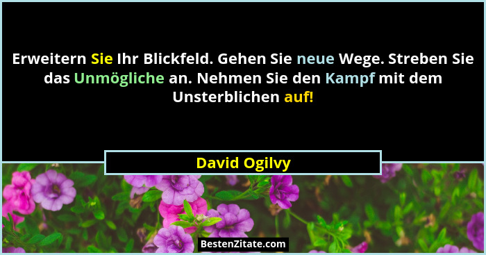 Erweitern Sie Ihr Blickfeld. Gehen Sie neue Wege. Streben Sie das Unmögliche an. Nehmen Sie den Kampf mit dem Unsterblichen auf!... - David Ogilvy