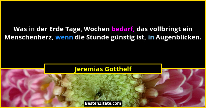 Was in der Erde Tage, Wochen bedarf, das vollbringt ein Menschenherz, wenn die Stunde günstig ist, in Augenblicken.... - Jeremias Gotthelf