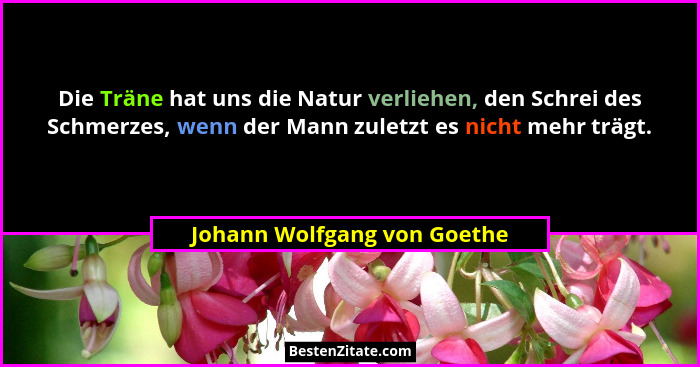 Die Träne hat uns die Natur verliehen, den Schrei des Schmerzes, wenn der Mann zuletzt es nicht mehr trägt.... - Johann Wolfgang von Goethe