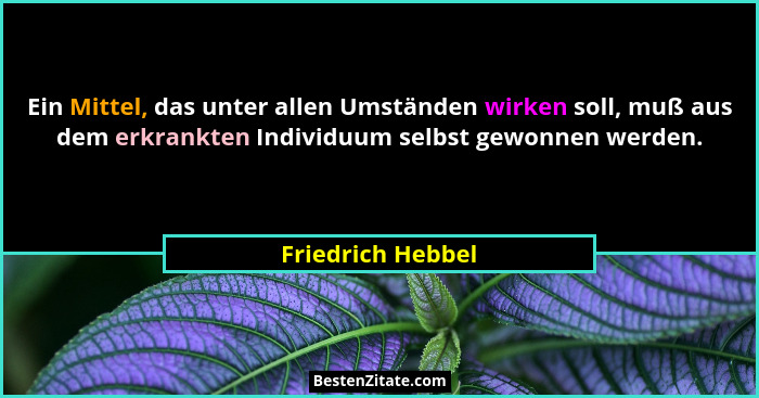 Ein Mittel, das unter allen Umständen wirken soll, muß aus dem erkrankten Individuum selbst gewonnen werden.... - Friedrich Hebbel