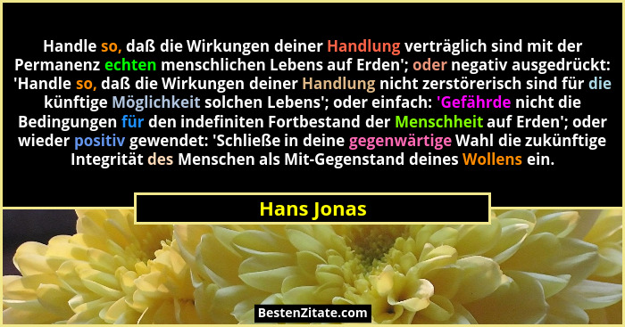 Handle so, daß die Wirkungen deiner Handlung verträglich sind mit der Permanenz echten menschlichen Lebens auf Erden'; oder negativ a... - Hans Jonas