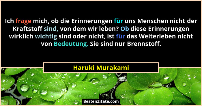 Ich frage mich, ob die Erinnerungen für uns Menschen nicht der Kraftstoff sind, von dem wir leben? Ob diese Erinnerungen wirklich wi... - Haruki Murakami