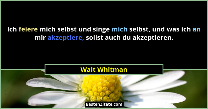 Ich feiere mich selbst und singe mich selbst, und was ich an mir akzeptiere, sollst auch du akzeptieren.... - Walt Whitman