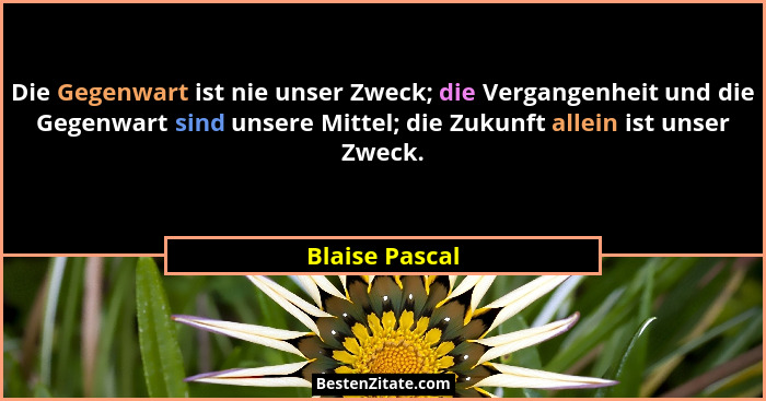 Die Gegenwart ist nie unser Zweck; die Vergangenheit und die Gegenwart sind unsere Mittel; die Zukunft allein ist unser Zweck.... - Blaise Pascal