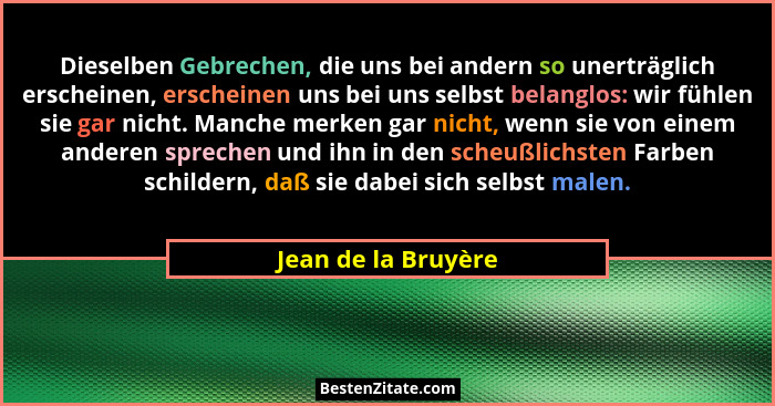 Dieselben Gebrechen, die uns bei andern so unerträglich erscheinen, erscheinen uns bei uns selbst belanglos: wir fühlen sie gar n... - Jean de la Bruyère