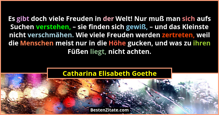 Es gibt doch viele Freuden in der Welt! Nur muß man sich aufs Suchen verstehen, – sie finden sich gewiß, – und das Kleins... - Catharina Elisabeth Goethe