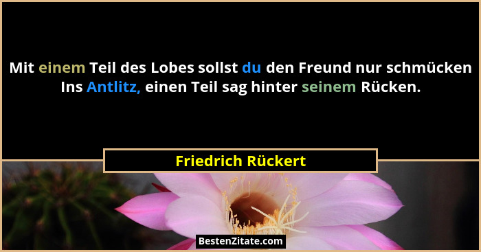 Mit einem Teil des Lobes sollst du den Freund nur schmücken Ins Antlitz, einen Teil sag hinter seinem Rücken.... - Friedrich Rückert