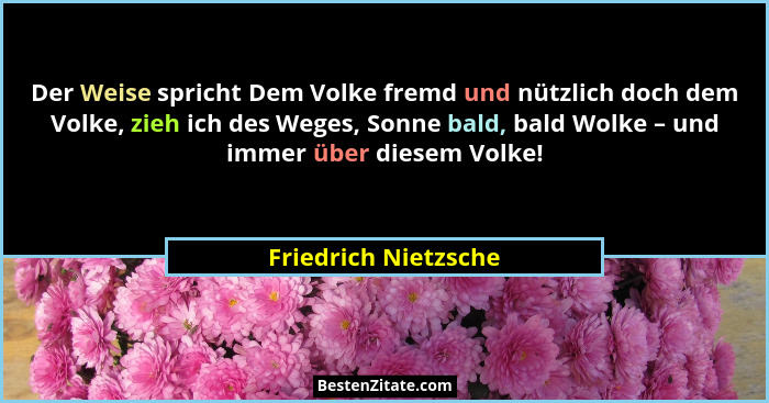 Der Weise spricht Dem Volke fremd und nützlich doch dem Volke, zieh ich des Weges, Sonne bald, bald Wolke – und immer über diese... - Friedrich Nietzsche