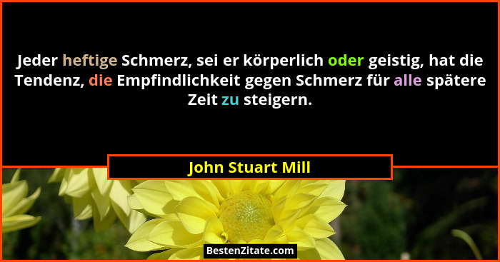 Jeder heftige Schmerz, sei er körperlich oder geistig, hat die Tendenz, die Empfindlichkeit gegen Schmerz für alle spätere Zeit zu... - John Stuart Mill