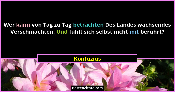 Wer kann von Tag zu Tag betrachten Des Landes wachsendes Verschmachten, Und fühlt sich selbst nicht mit berührt?... - Konfuzius