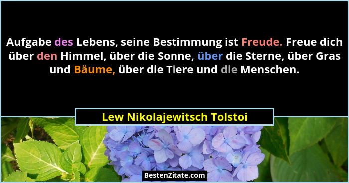 Aufgabe des Lebens, seine Bestimmung ist Freude. Freue dich über den Himmel, über die Sonne, über die Sterne, über Gras u... - Lew Nikolajewitsch Tolstoi