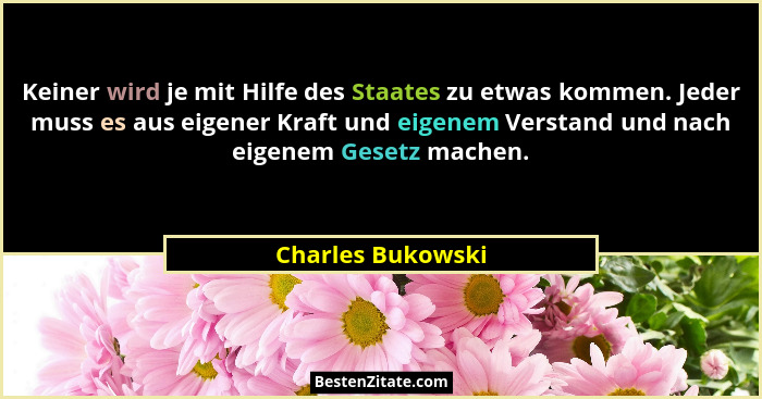 Keiner wird je mit Hilfe des Staates zu etwas kommen. Jeder muss es aus eigener Kraft und eigenem Verstand und nach eigenem Gesetz... - Charles Bukowski