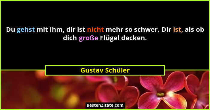 Du gehst mit ihm, dir ist nicht mehr so schwer. Dir ist, als ob dich große Flügel decken.... - Gustav Schüler