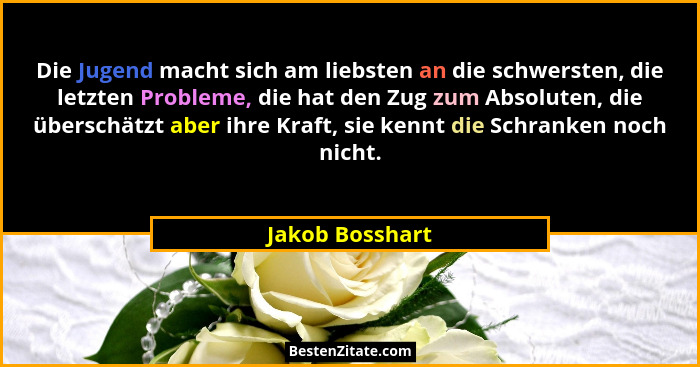 Die Jugend macht sich am liebsten an die schwersten, die letzten Probleme, die hat den Zug zum Absoluten, die überschätzt aber ihre K... - Jakob Bosshart
