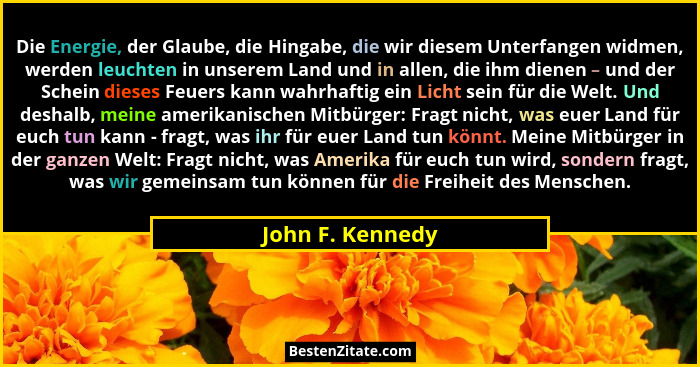 Die Energie, der Glaube, die Hingabe, die wir diesem Unterfangen widmen, werden leuchten in unserem Land und in allen, die ihm diene... - John F. Kennedy