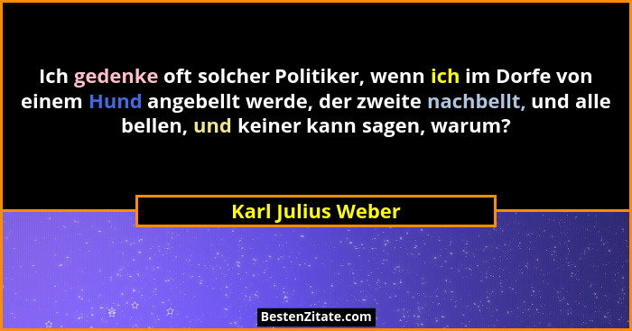 Ich gedenke oft solcher Politiker, wenn ich im Dorfe von einem Hund angebellt werde, der zweite nachbellt, und alle bellen, und ke... - Karl Julius Weber