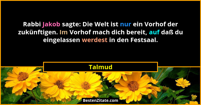 Rabbi Jakob sagte: Die Welt ist nur ein Vorhof der zukünftigen. Im Vorhof mach dich bereit, auf daß du eingelassen werdest in den Festsaal.... - Talmud