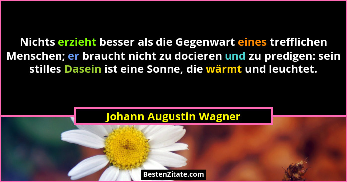 Nichts erzieht besser als die Gegenwart eines trefflichen Menschen; er braucht nicht zu docieren und zu predigen: sein stille... - Johann Augustin Wagner