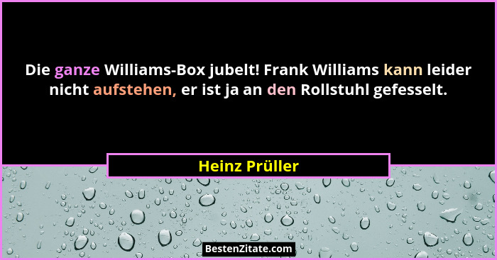 Die ganze Williams-Box jubelt! Frank Williams kann leider nicht aufstehen, er ist ja an den Rollstuhl gefesselt.... - Heinz Prüller
