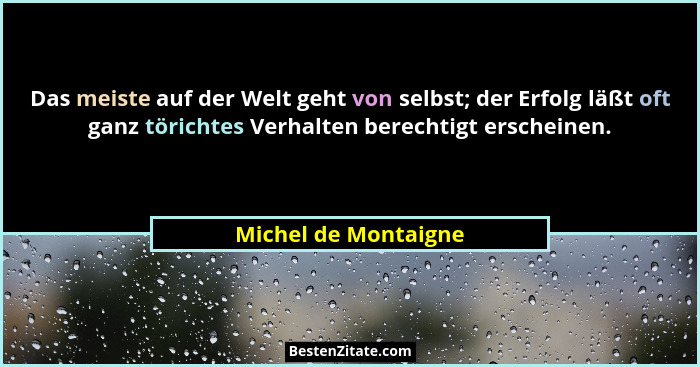 Das meiste auf der Welt geht von selbst; der Erfolg läßt oft ganz törichtes Verhalten berechtigt erscheinen.... - Michel de Montaigne