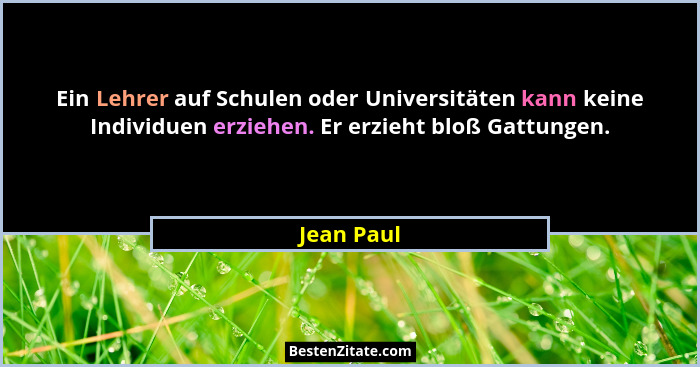 Ein Lehrer auf Schulen oder Universitäten kann keine Individuen erziehen. Er erzieht bloß Gattungen.... - Jean Paul