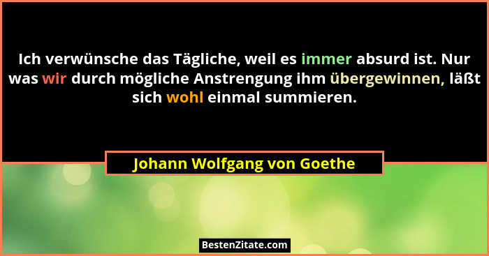 Ich verwünsche das Tägliche, weil es immer absurd ist. Nur was wir durch mögliche Anstrengung ihm übergewinnen, läßt sich... - Johann Wolfgang von Goethe