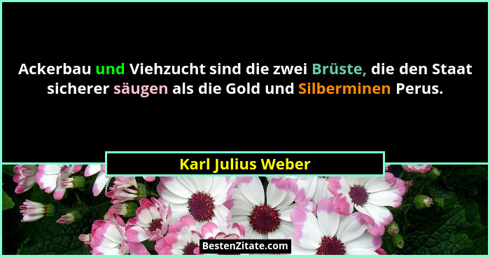 Ackerbau und Viehzucht sind die zwei Brüste, die den Staat sicherer säugen als die Gold und Silberminen Perus.... - Karl Julius Weber