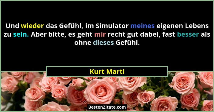 Und wieder das Gefühl, im Simulator meines eigenen Lebens zu sein. Aber bitte, es geht mir recht gut dabei, fast besser als ohne dieses G... - Kurt Marti