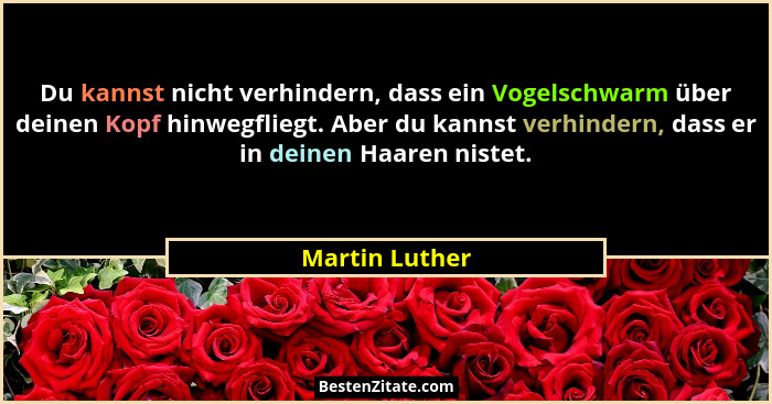 Du kannst nicht verhindern, dass ein Vogelschwarm über deinen Kopf hinwegfliegt. Aber du kannst verhindern, dass er in deinen Haaren n... - Martin Luther