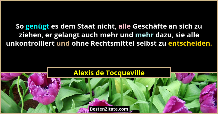 So genügt es dem Staat nicht, alle Geschäfte an sich zu ziehen, er gelangt auch mehr und mehr dazu, sie alle unkontrolliert un... - Alexis de Tocqueville