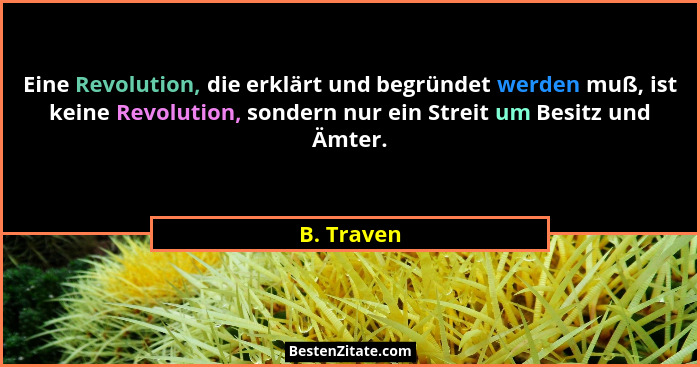 Eine Revolution, die erklärt und begründet werden muß, ist keine Revolution, sondern nur ein Streit um Besitz und Ämter.... - B. Traven