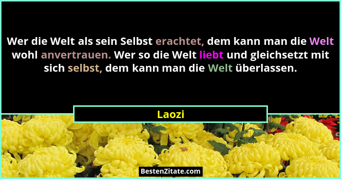 Wer die Welt als sein Selbst erachtet, dem kann man die Welt wohl anvertrauen. Wer so die Welt liebt und gleichsetzt mit sich selbst, dem kann... - Laozi
