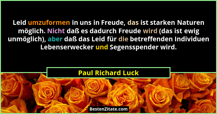 Leid umzuformen in uns in Freude, das ist starken Naturen möglich. Nicht daß es dadurch Freude wird (das ist ewig unmöglich), aber... - Paul Richard Luck
