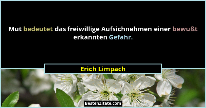Mut bedeutet das freiwillige Aufsichnehmen einer bewußt erkannten Gefahr.... - Erich Limpach