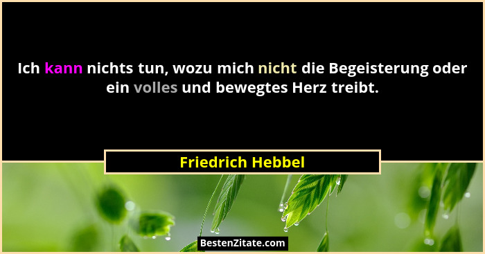 Ich kann nichts tun, wozu mich nicht die Begeisterung oder ein volles und bewegtes Herz treibt.... - Friedrich Hebbel