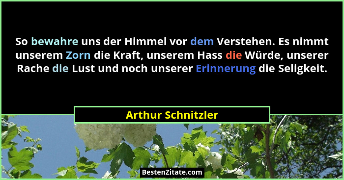 So bewahre uns der Himmel vor dem Verstehen. Es nimmt unserem Zorn die Kraft, unserem Hass die Würde, unserer Rache die Lust und n... - Arthur Schnitzler